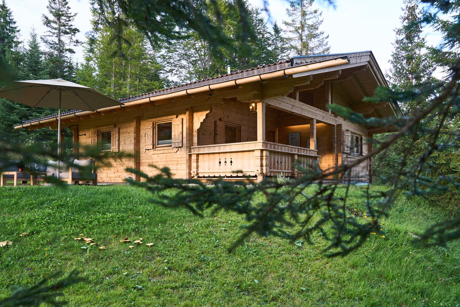 mei chalet - DAS BARBARA Das Chalet im Sommer auf der Wiese am Waldrand, im warmen Abendlicht